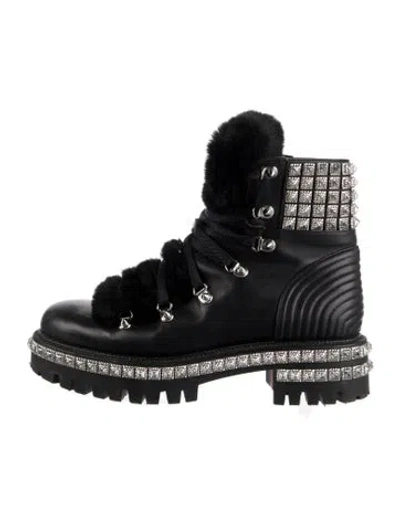 Pre-owned Christian Louboutin Leather Faux Fur Trim Combat Boots In Black