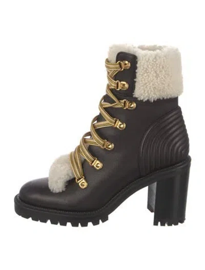 Pre-owned Christian Louboutin Leather Fur Trim Combat Boots In Black