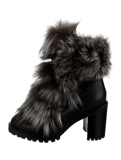 Pre-owned Christian Louboutin Leather Fur Trim Combat Boots In Black