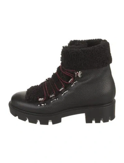 Pre-owned Christian Louboutin Leather Fur Trim Combat Boots In Black