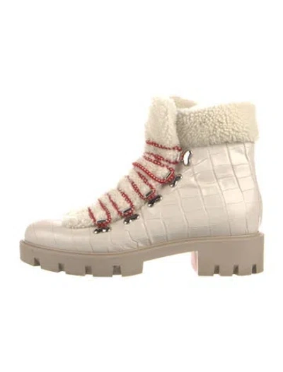 Pre-owned Christian Louboutin Leather Fur Trim Combat Boots In Neutral