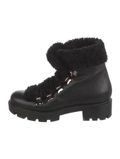 Pre-owned Christian Louboutin Leather Fur Trim Hiking Boots In Black