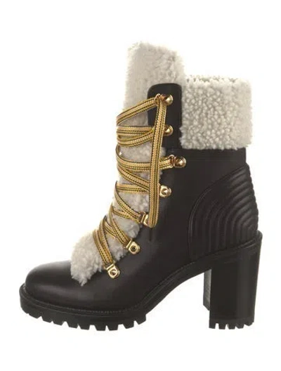 Pre-owned Christian Louboutin Leather Fur Trim Lace-up Boots In Black/neutrals