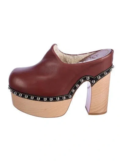 Pre-owned Christian Louboutin Leather Fur Trim Mules In Burgundy