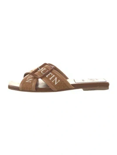 Pre-owned Christian Louboutin Leather Graphic Print Slides In Brown