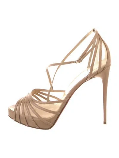 Pre-owned Christian Louboutin Leather Mesh Accents T-strap Pumps In Neutral