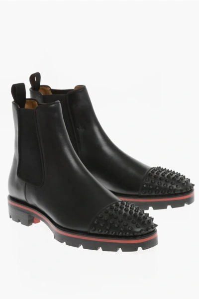 Christian Louboutin Leather No Penny Flat Chelsea Booties With Studs On The Toe In Black