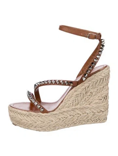 Pre-owned Christian Louboutin Leather Studded Accents Espadrilles In Brown