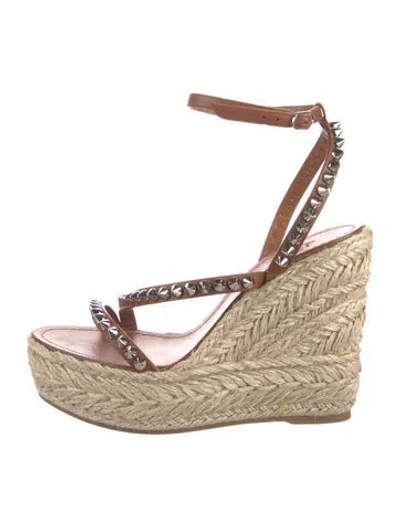 Pre-owned Christian Louboutin Leather Studded Accents Espadrilles In Brown