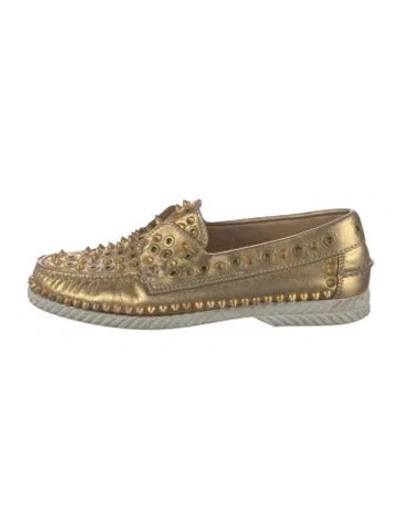 Pre-owned Christian Louboutin Leather Studded Accents Loafers In Gold
