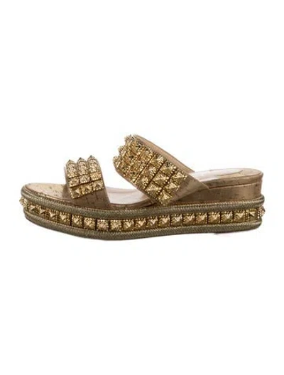Pre-owned Christian Louboutin Leather Studded Accents Slides In Gold/neutrals