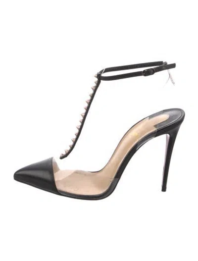Pre-owned Christian Louboutin Leather Studded Accents T-strap Pumps In Black