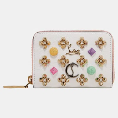 Pre-owned Christian Louboutin Leather Studded Coin Zip Wallet In White