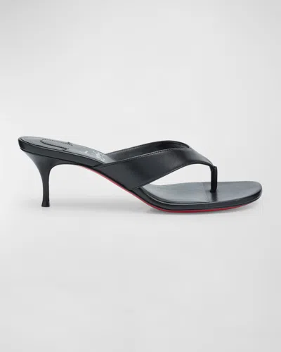 Christian Louboutin Leather Thong Red Sole Slide Sandals In Black