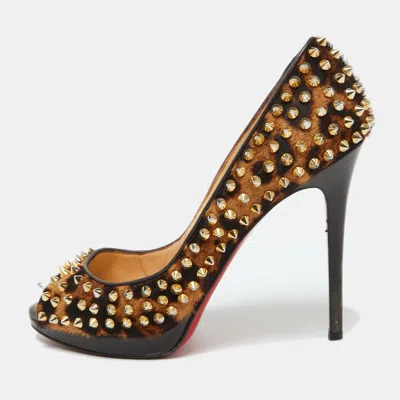 Pre-owned Christian Louboutin Leopard Print Calf Hair Yolanda Spikes Peep Toe Pumps Size 39 In Brown