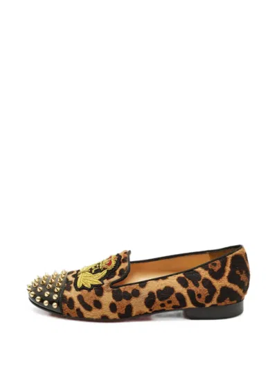 Pre-owned Christian Louboutin Leopard-print Studded Smoking Loafers In Neutral