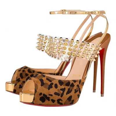 Pre-owned Christian Louboutin Levitagirl 120 Leopard Pvc Spike Ankle Strap Heel Pump 36 In Brown