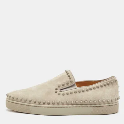 Pre-owned Christian Louboutin Light Grey Suede Spikes Pik Boat Slip On Sneakers Size 42.5 In Gray