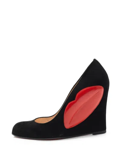 Pre-owned Christian Louboutin Lip-patch Wedge Pumps In Black