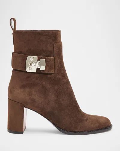 CHRISTIAN LOUBOUTIN LOCK SUEDE RED SOLE BOOTIES