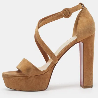 Pre-owned Christian Louboutin Loubi Bee Size 39 Beige Suede Ankle Strap Platform Sandals