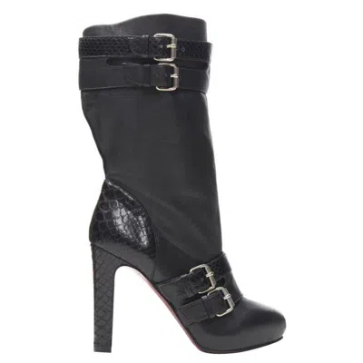 Pre-owned Christian Louboutin Loubi Bike Black Scaled Leather Buckle Platform Boot Eu37