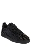 Christian Louboutin Louis Junior Spikes Studded Glittered Velour Sneakers In Black
