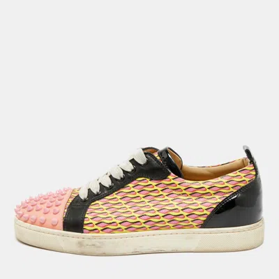 Pre-owned Christian Louboutin Louis Junior Spikes Size 38 Multicolor Canvas And Patent Leather Lace Up Sneakers