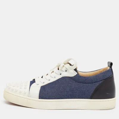 Pre-owned Christian Louboutin Louis Junior Spikes Size 38 Tricolor Denim And Leather Cap Toe Low Top Sneakers In Blue