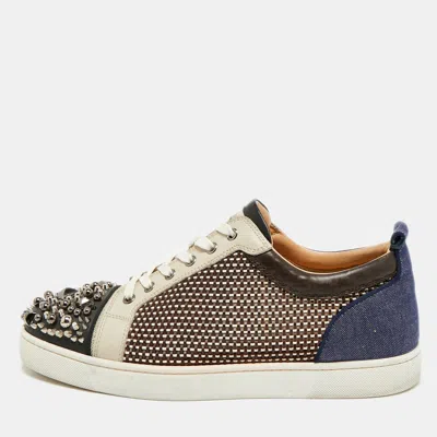 Pre-owned Christian Louboutin Louis Junior Spikes Size 44 Multicolor Denim Leather And Woven Fabric Low Top Sneakers