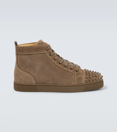 Christian Louboutin Louis Grosgrain-trimmed Spiked Suede High-top Sneakers In Beige