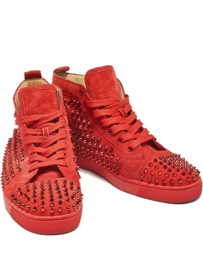 Pre-owned Christian Louboutin Louis Spikes Suede High-top Sneakers In Red