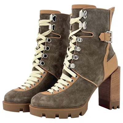 Pre-owned Christian Louboutin Macademia 100 Bootie Leather Trim Suede Platform Boots 40.5 In Brown