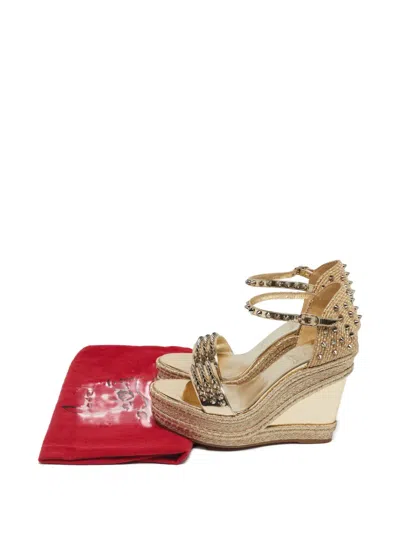 Pre-owned Christian Louboutin Madmonica Braided-leather Platform Espadrilles In Gold