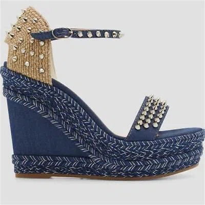 Pre-owned Christian Louboutin Madmonica Spiked Stud Platform Wedge Heel Sandals Shoes $895 In Blue