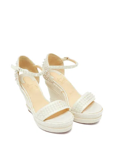 Pre-owned Christian Louboutin Madmonica Spiked Wedge-heel Espadrilles In Neutral