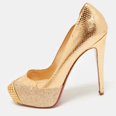 Pre-owned Christian Louboutin Maggie Glitter & Snakeskin Embossed Leather Platform Pumps Size 38