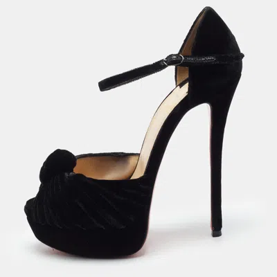 Pre-owned Christian Louboutin Marchavekel Size 37.5 Black Velvet Platform Peep Toe Pumps