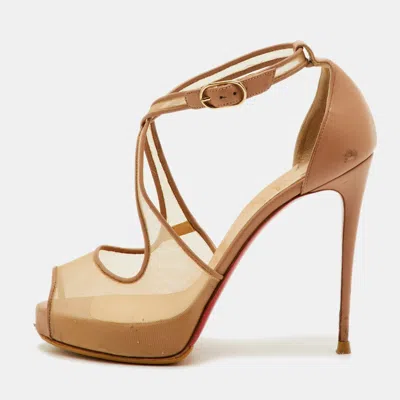 Pre-owned Christian Louboutin Mariacar Size 37 Beige Leather And Mesh Platform Peep Toe Pumps In Sand