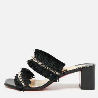 Pre-owned Christian Louboutin Marivodu Size 38.5 Black Leather And Raffia Slide Sandals