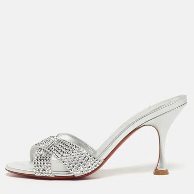 Pre-owned Christian Louboutin Mariza Is Back Crystal Embellished Size 38.5 Silver Suede Slide Sandals
