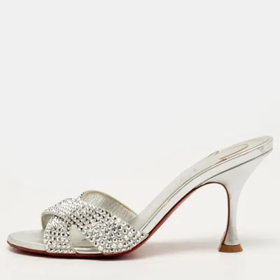 Pre-owned Christian Louboutin Mariza Is Back Size 36.5 Silver Suede Crystal Embellished Slide Sandals