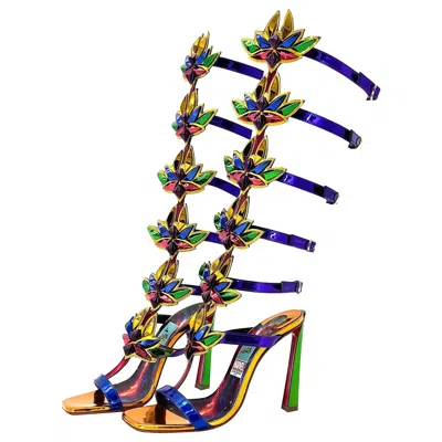 Pre-owned Christian Louboutin Marvel Sea Warrior 100 Knee High Gladiator Sandals 35.5 In Black