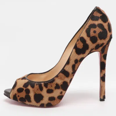 Pre-owned Christian Louboutin Maryl Size 38.5 Beige/brown Leopard Calf Hair Peep Toe Pumps In Sand