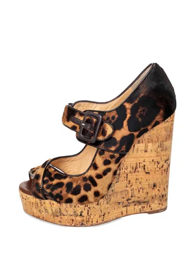Pre-owned Christian Louboutin Melides Leopard-print Wedge Sandals In Brown