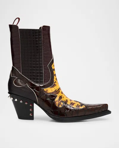 Christian Louboutin Men's Becca Uomo Embossed Leather Western Chelsea Boots In Burgundy