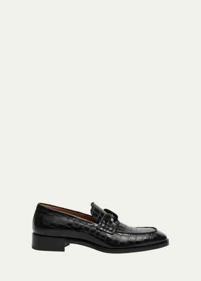 Christian Louboutin Men's Chambelimoc Croc-embossed Leather Loafers In Detail Of A Bold Silver Brooch On The Neck.