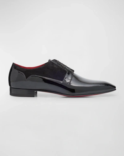 Christian Louboutin Men's Chickito Patent Leather Derby Shoes In Black/lin Loubi