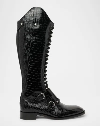 Christian Louboutin Men's Croc-effect Leather Knee-high Boots In Black