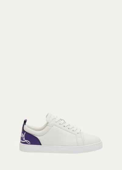 Christian Louboutin Men's Fun Louis Junior Low-top Leather Sneakers In White/jacaranda
